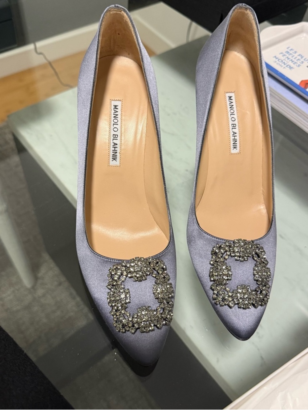 Manolo Blahnik Gray Satin Hangisi Jewel Buckle Heels - Picture 12 of 12